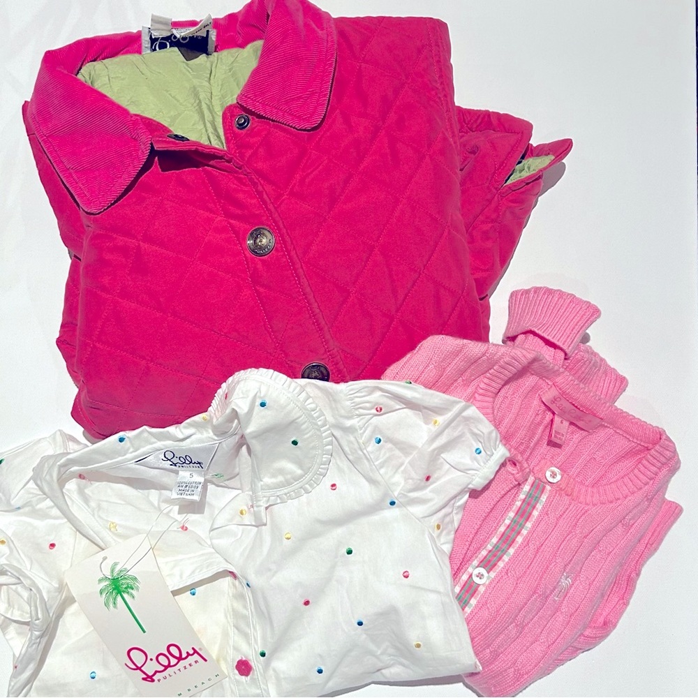 Lilly Pulitzer puff sleeve blouse (NWT), cable knit cardigan and winter coat.